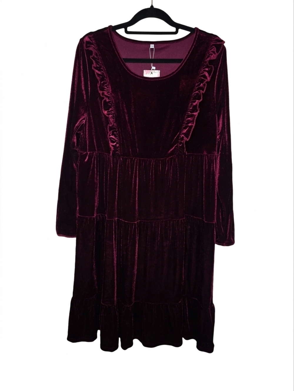 Long‎ Sleeve Velvet Tiered Dress in Deep Burgundy Dark Academia - Picture 2 of 11